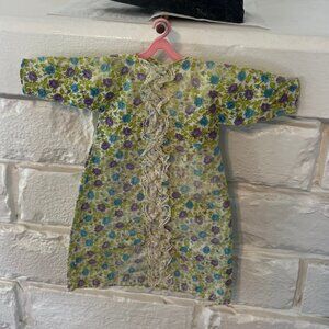 Vintage Print Cotton Doll Dress w/ Blue & Purple Roses, Green Leaves & Lace